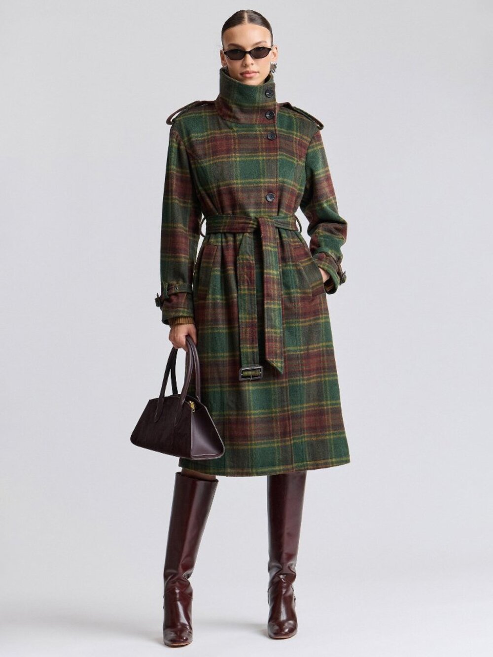 New Avec Les Filles Fall Plaid Utility Trench Coat Green Burgundy XS $228